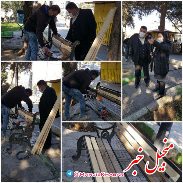 بازدید شهردار و ریاست‌ شورای اسلامی شهر منجیل از روند‌ مرمت و بازسازی مبلمان‌ شهری